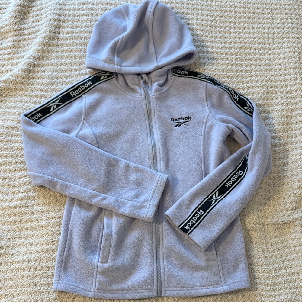 Reebok Purple Zip-Up Hoodie with Sporty Stripes and Soft Fleece